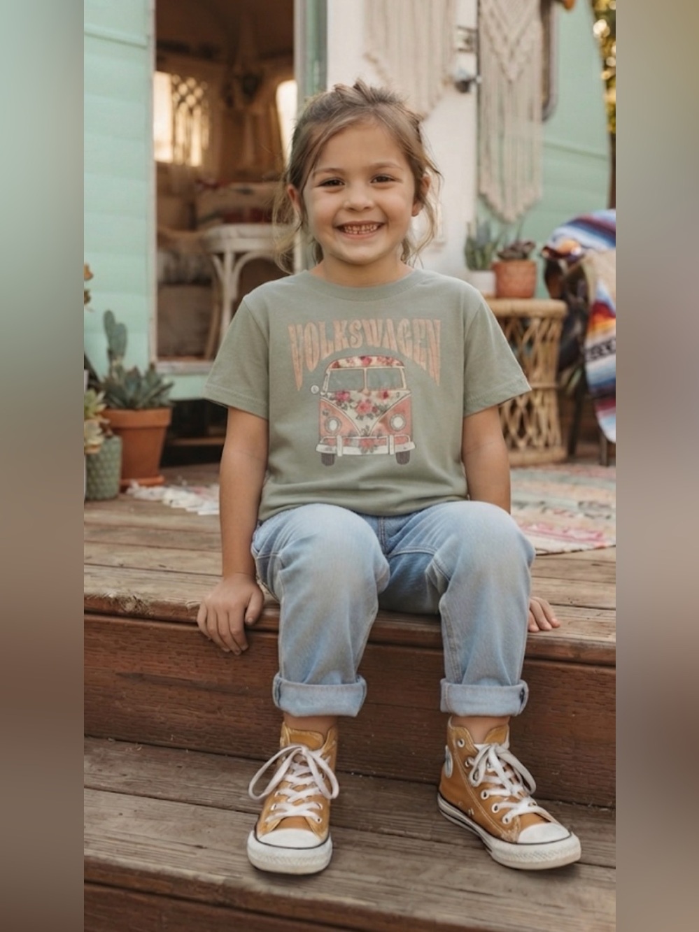 Volkswagen Floral Bus Graphic Tee Girls Size 7
